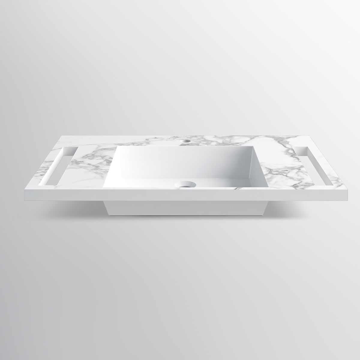 Lavoar, Alb finisaj Carrara Arabescato, suport prosoape laterale, compozit, montaj suspendat semi-incastrat, 85x55 cm, Lavanda