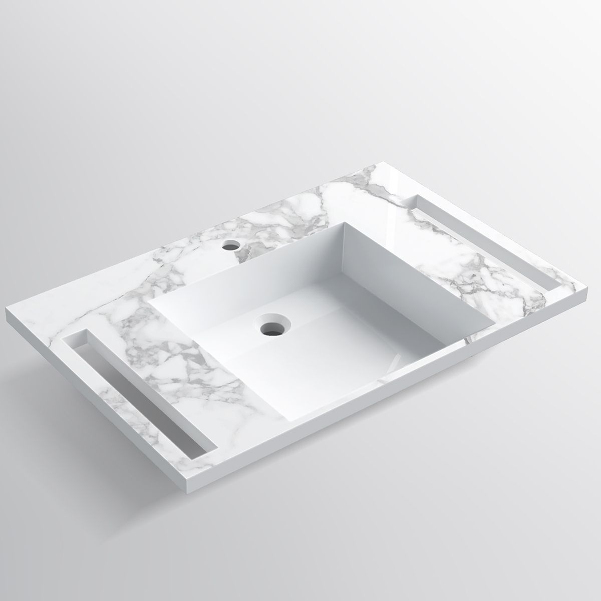 Lavoar, Alb finisaj Carrara Arabescato, suport prosoape laterale, compozit, montaj suspendat semi-incastrat, 85x55 cm, Lavanda