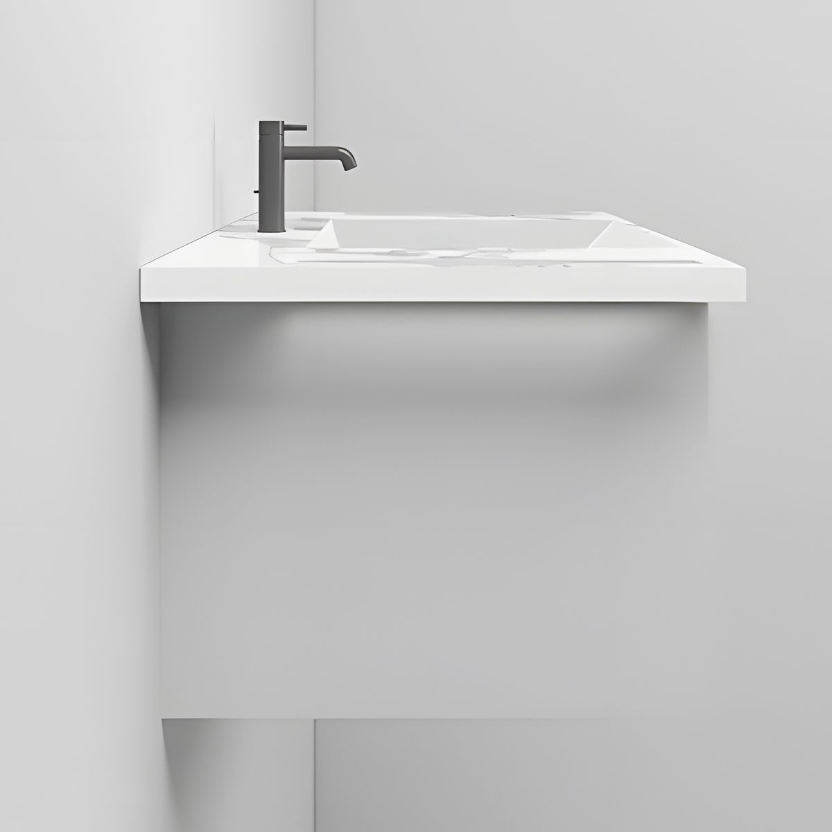 Lavoar, Alb finisaj Carrara Arabescato, suport prosoape laterale, compozit, montaj suspendat semi-incastrat, 85x55 cm, Lavanda
