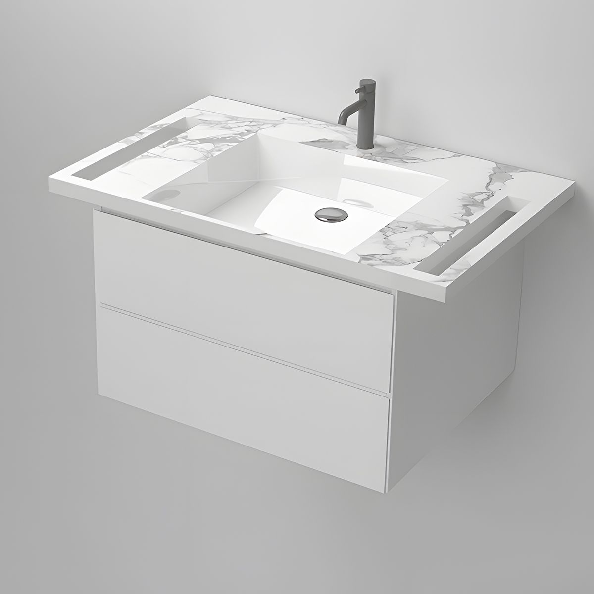 Lavoar, Alb finisaj Carrara Arabescato, suport prosoape laterale, compozit, montaj suspendat semi-incastrat, 85x55 cm, Lavanda