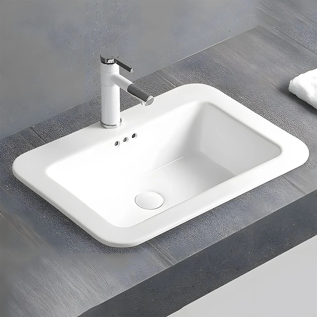 Lavoar, Alb Lucios, montaj semi-incastrat, cu gaura de baterie ceramica sanitara, 60x44 cm, Monza
