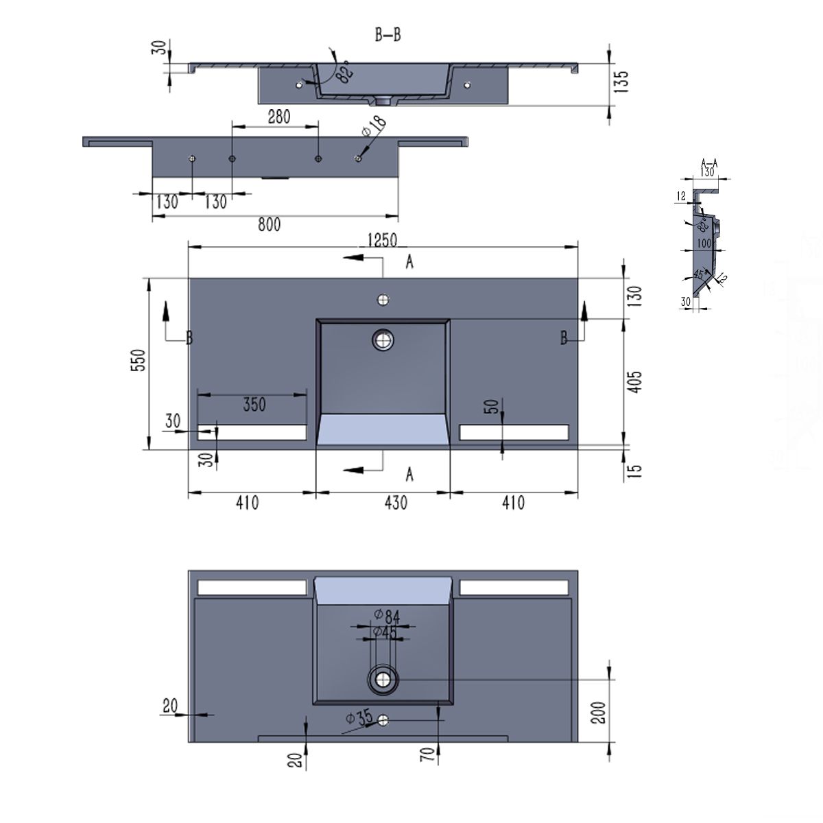 Lavoar, Alb Lucios, suport prosoape, compozit mineral , montaj suspendat pe perete sau semi-incastrat, 105-125x55 cm, Fuente