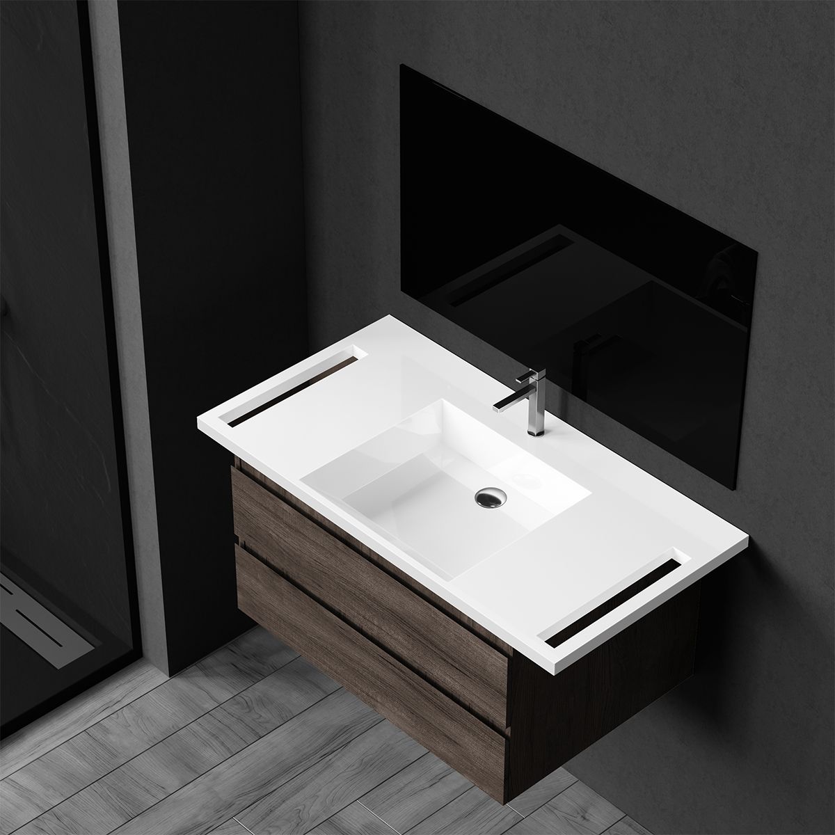Lavoar, Alb Lucios,  suport prosoape laterale, compozit mineral , montaj suspendat sau semi-incastrat, 105x55 cm, Lavanda