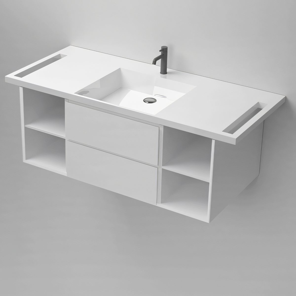 Lavoar, Alb Lucios,  suport prosoape laterale, compozit mineral, montaj suspendat sau semi-incastrat, 125x55 cm, Lavanda