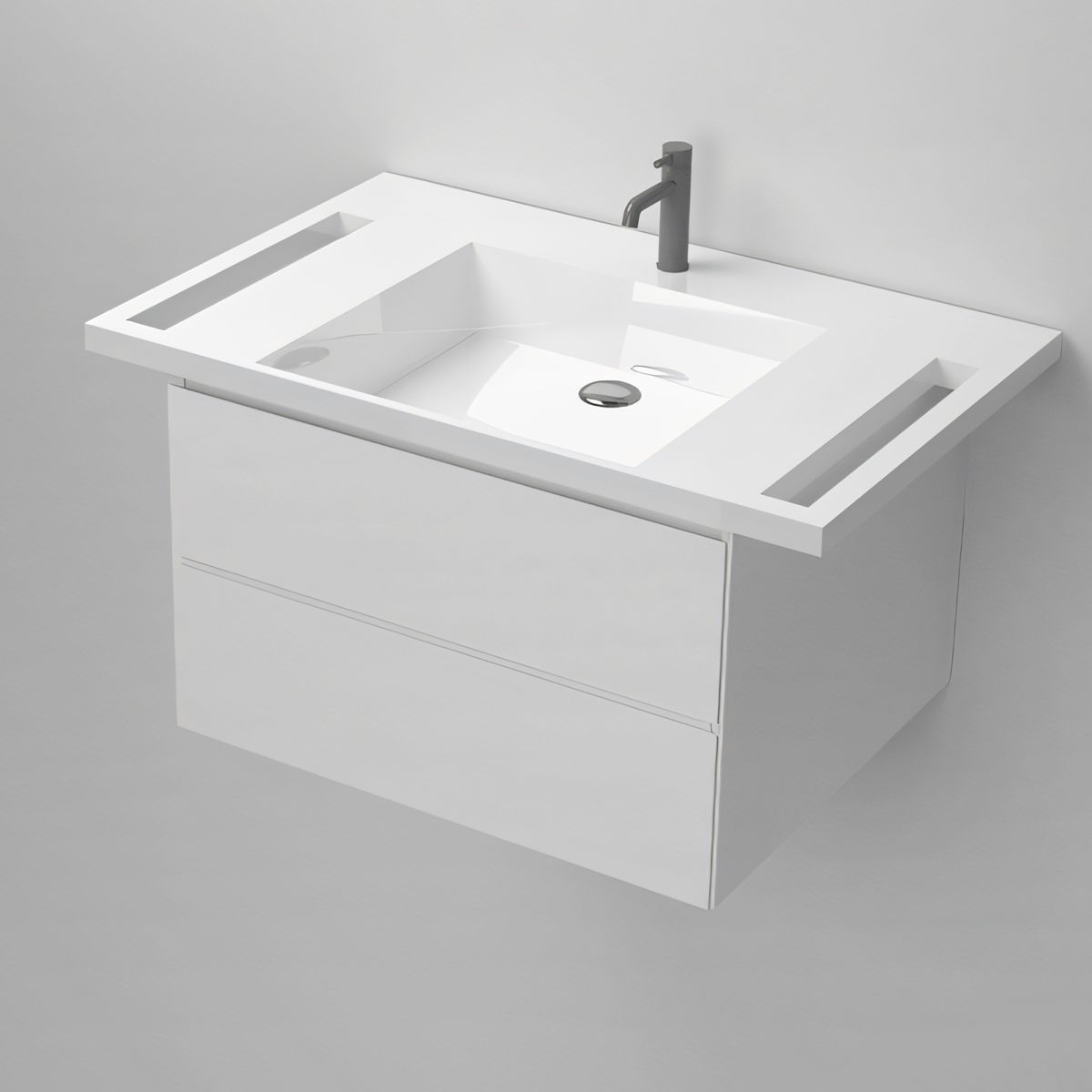 Lavoar, Alb Lucios,  suport prosoape laterale, compozit mineral , montaj suspendat sau semi-incastrat, 85x55 cm, Lavanda