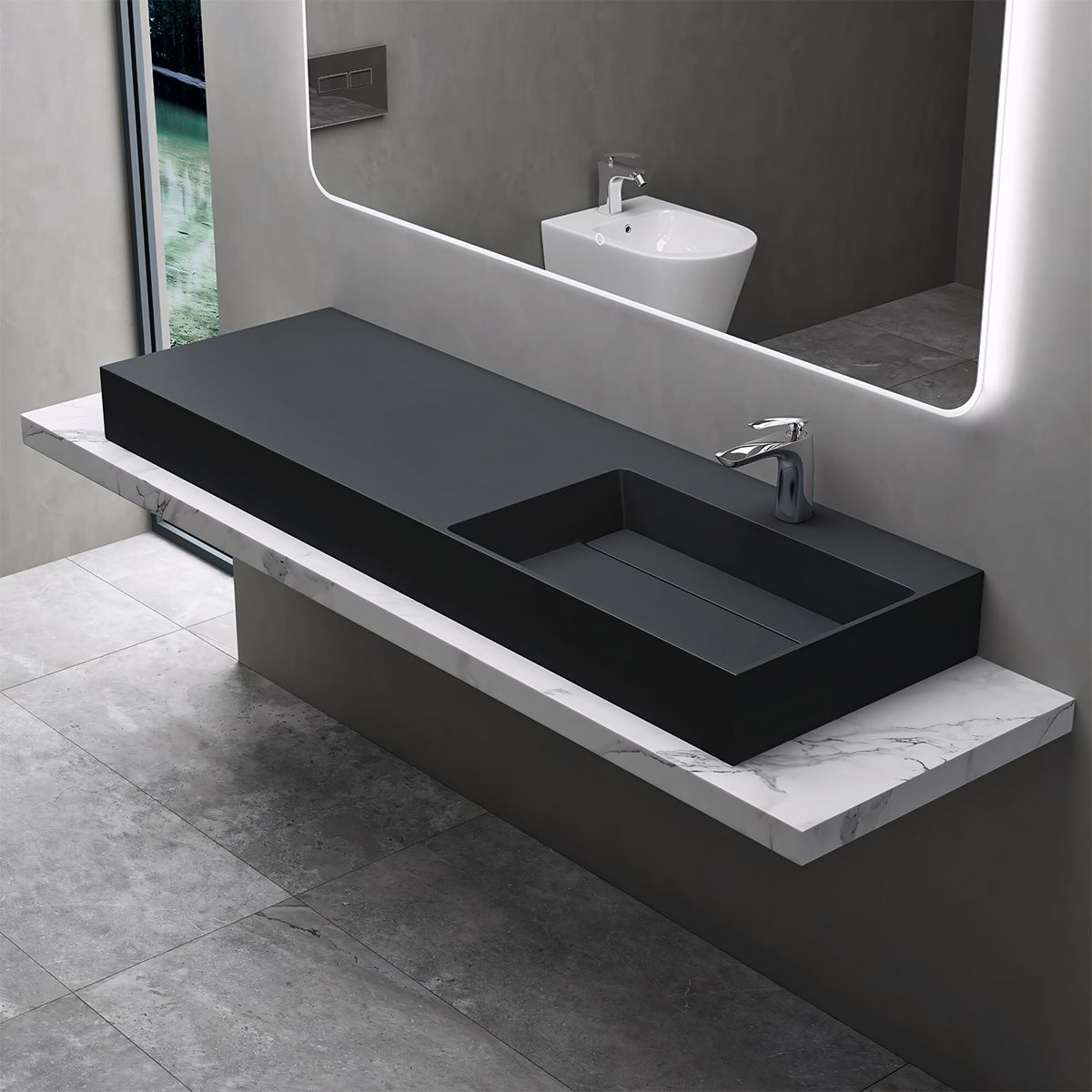 Lavoar, Antracit Mat, 150x48 cm, compozit marmura, montaj pe blat sau suspendat, scurgere mascata, EGO 12R