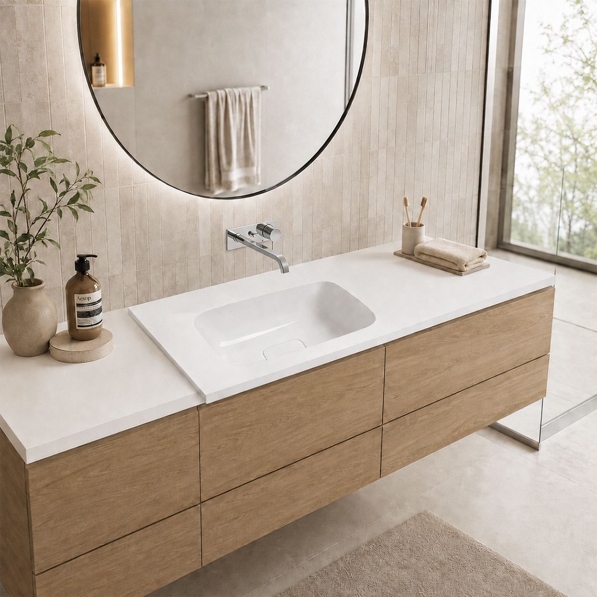 Lavoar, compozit mineral, Alb Lucios, scurgere ascunsa, montaj semi- incastrat, 100x50 cm, Florence