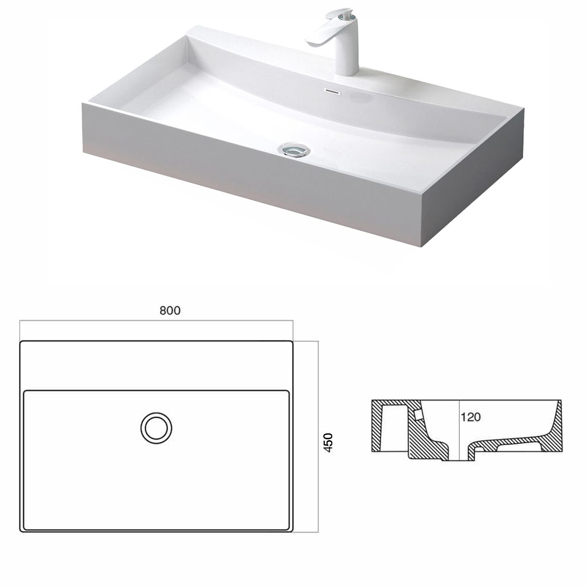 Lavoar, compozit mineral, montaj pe blat, Alb Lucios, 80x45, EGO-34