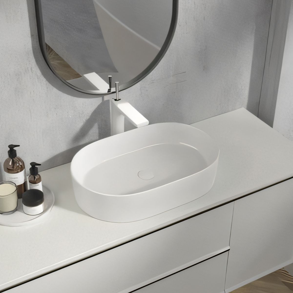 Lavoar compozit mineral, montaj pe blat, ventil alb inclus, 58x38 cm, Alb Lucios, Alto