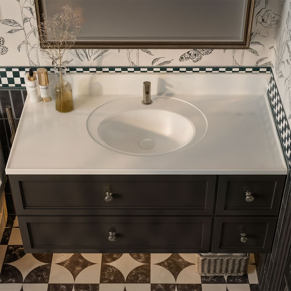 Lavoar, compozit mineral, montaj semi-incastrat, o gaura de baterie, ventil alb inclus, 78x56-63x48 cm, Nobile