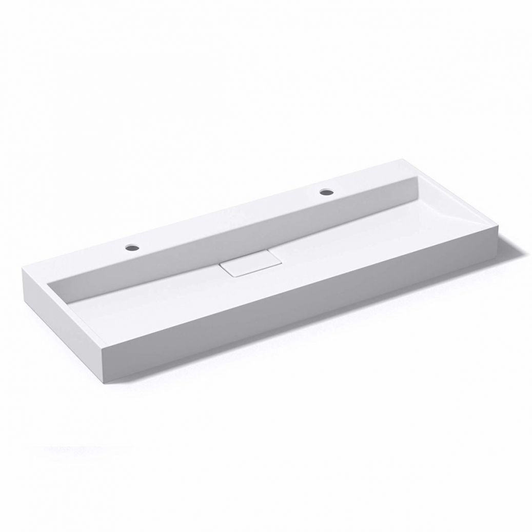 Lavoar Dublu EGO 19, Alb, mat, 120 cm, compozit marmura, montaj suspendat sau pe blat, cu doua gauri de baterie