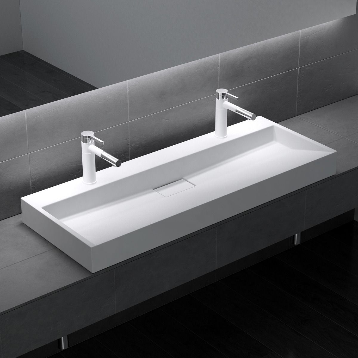 Lavoar Dublu EGO 19, Alb, mat, 120 cm, compozit marmura, montaj suspendat sau pe blat, cu doua gauri de baterie