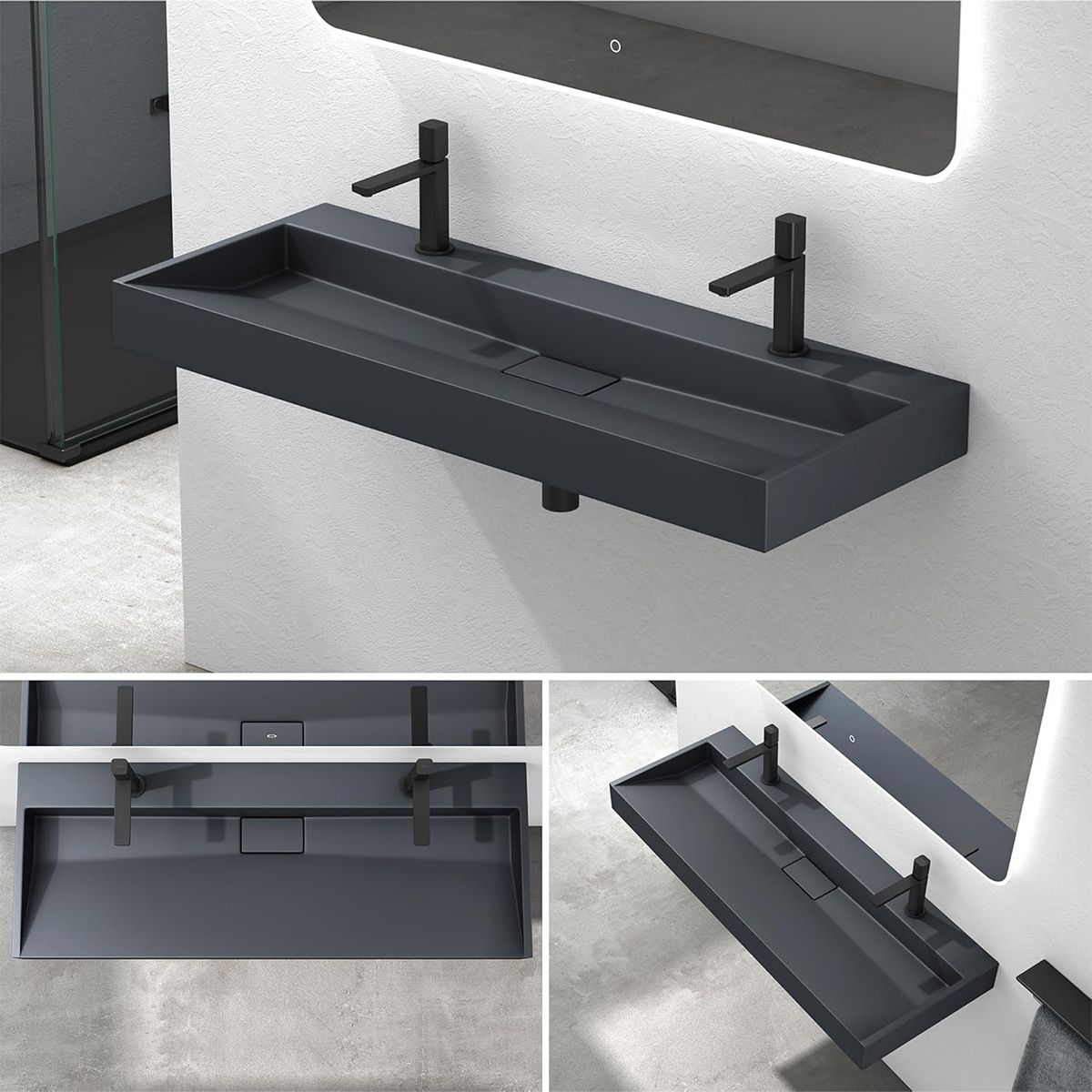 Lavoar Dublu EGO 19, Antracit, mat, 120 cm, compozit marmura, montaj suspendat sau pe blat, cu doua gauri de baterie