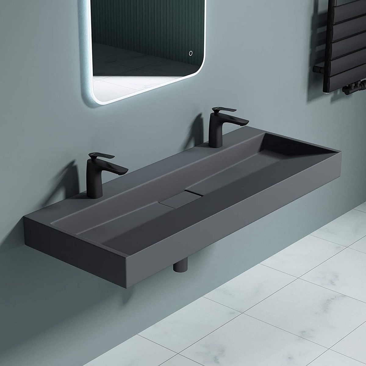 Lavoar Dublu EGO 19, Antracit, mat, 120 cm, compozit marmura, montaj suspendat sau pe blat, cu doua gauri de baterie
