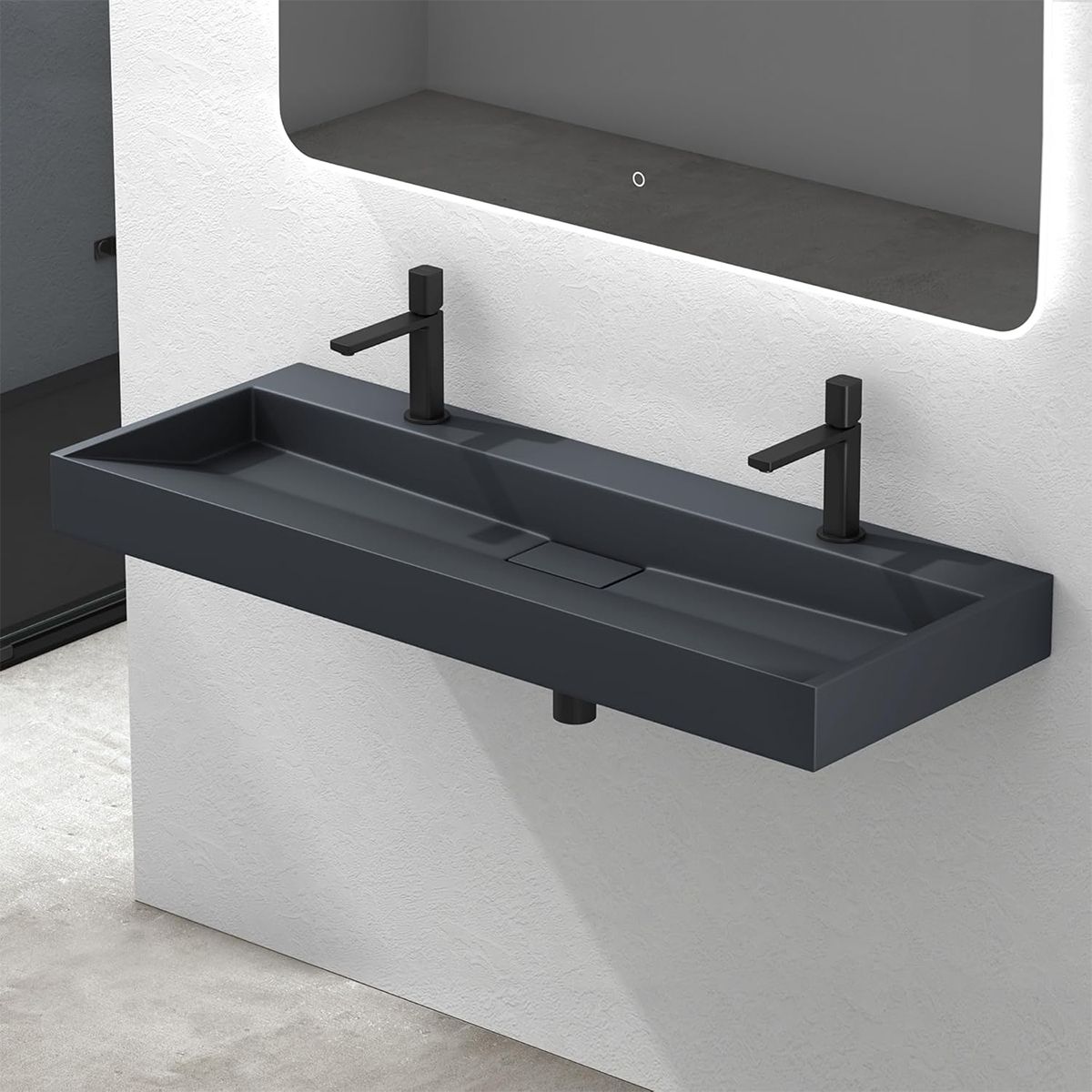 Lavoar Dublu EGO 19, Antracit, mat, 120 cm, compozit marmura, montaj suspendat sau pe blat, cu doua gauri de baterie