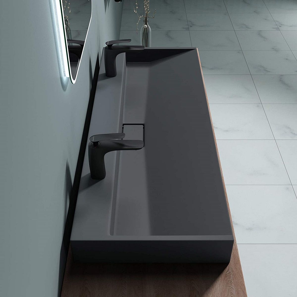 Lavoar Dublu EGO 19, Antracit, mat, 120 cm, compozit marmura, montaj suspendat sau pe blat, cu doua gauri de baterie