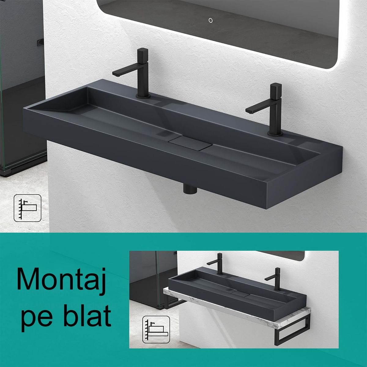 Lavoar Dublu EGO 19, Antracit, mat, 120 cm, compozit marmura, montaj suspendat sau pe blat, cu doua gauri de baterie