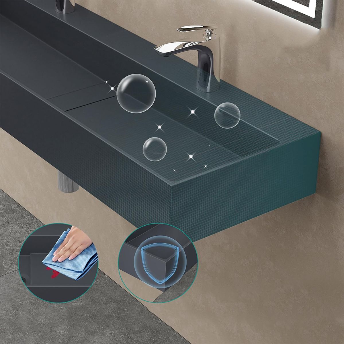 Lavoar dublu EGO 6028, scurgere ascunsa, Antracit Mat, compozit marmura, montaj suspendat sau pe blat, 120x40 cm