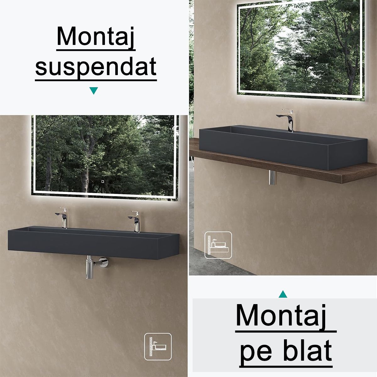 Lavoar dublu EGO 6028, scurgere ascunsa, Antracit Mat, compozit marmura, montaj suspendat sau pe blat, 120x40 cm