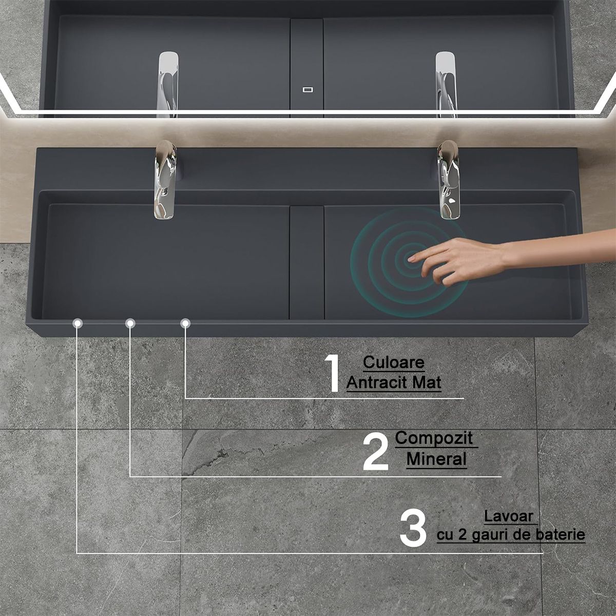 Lavoar dublu EGO 6028, scurgere ascunsa, Antracit Mat, compozit marmura, montaj suspendat sau pe blat, 120x40 cm