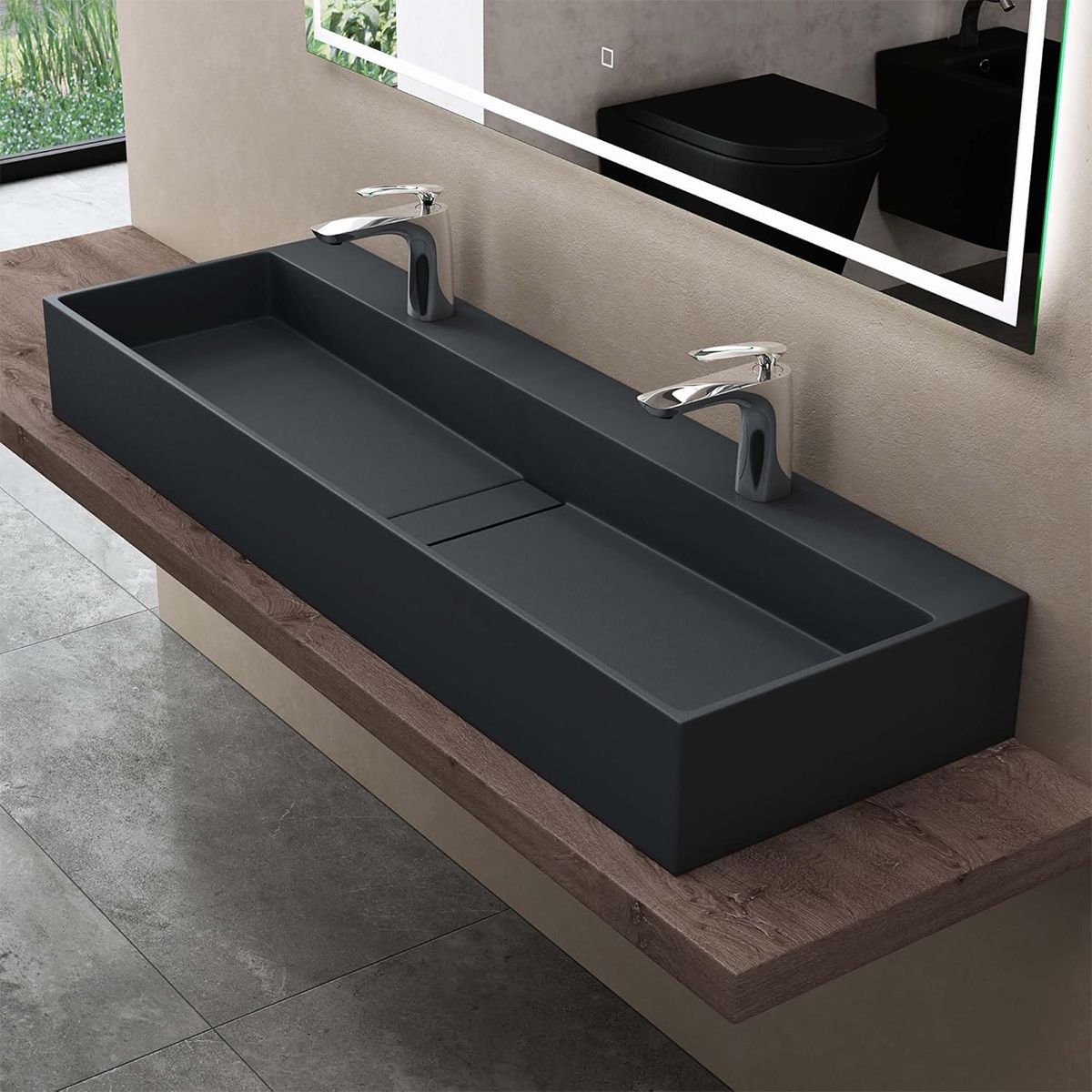Lavoar dublu EGO 6028, scurgere ascunsa, Antracit Mat, compozit marmura, montaj suspendat sau pe blat, 120x40 cm