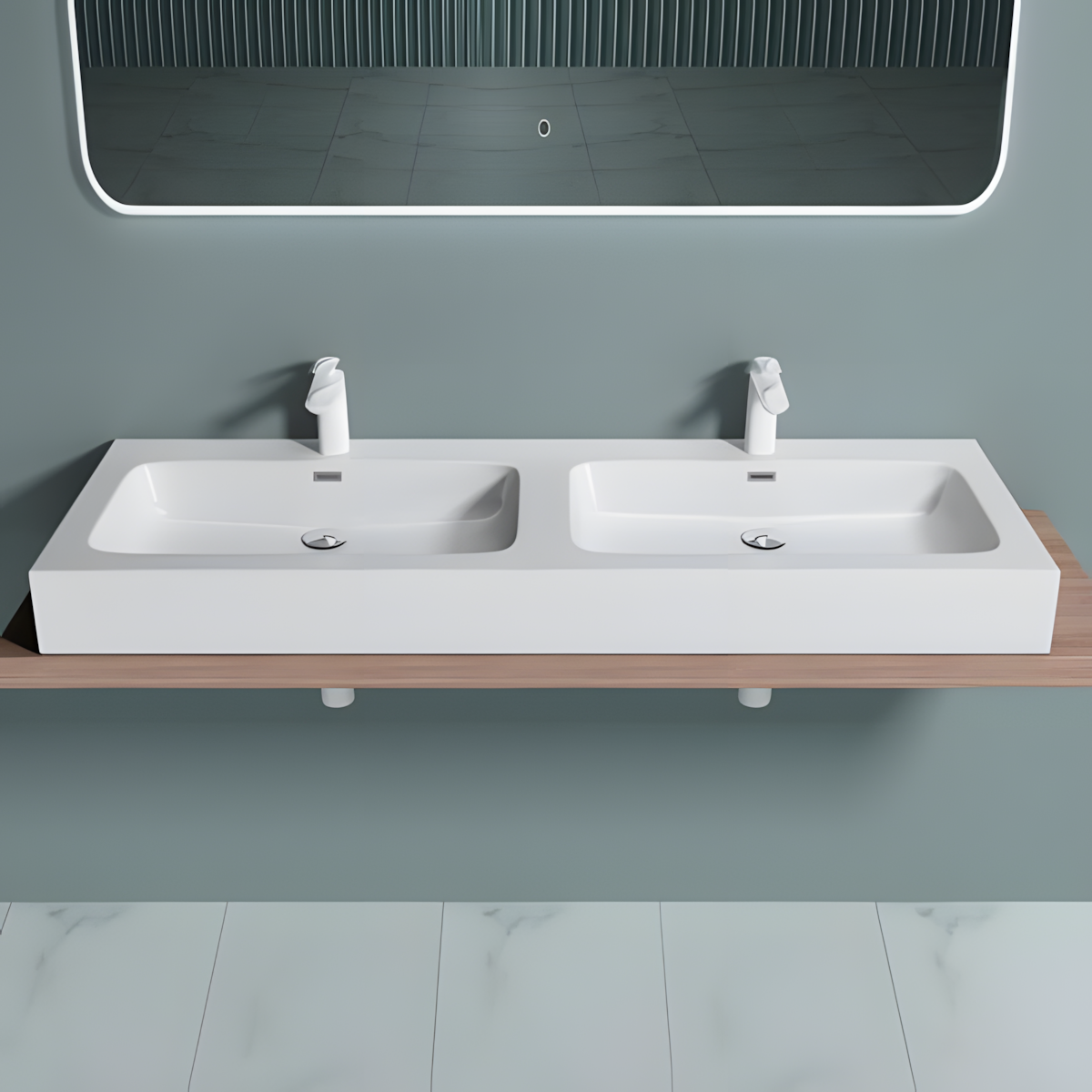 Lavoar dublu EGO 830, Alb, lucios, 140x48 cm, montaj pe blat sau suspendat, compozit marmura, cu doua gauri de baterie