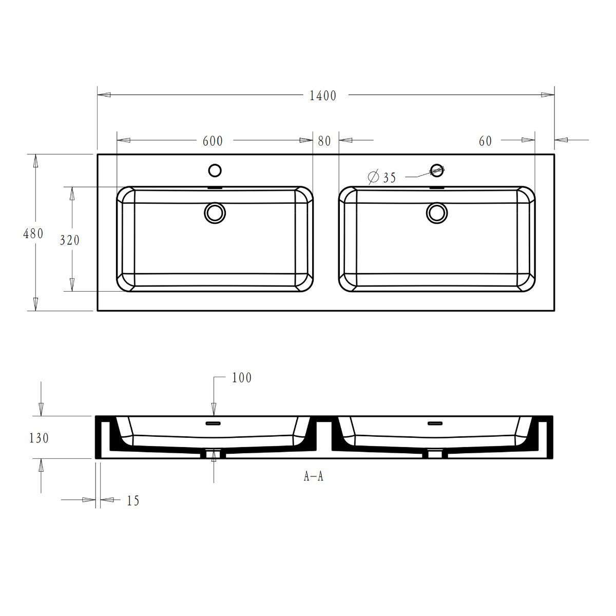 Lavoar EGO-830, compozit de marmura, Alb Mat 140x48 cm