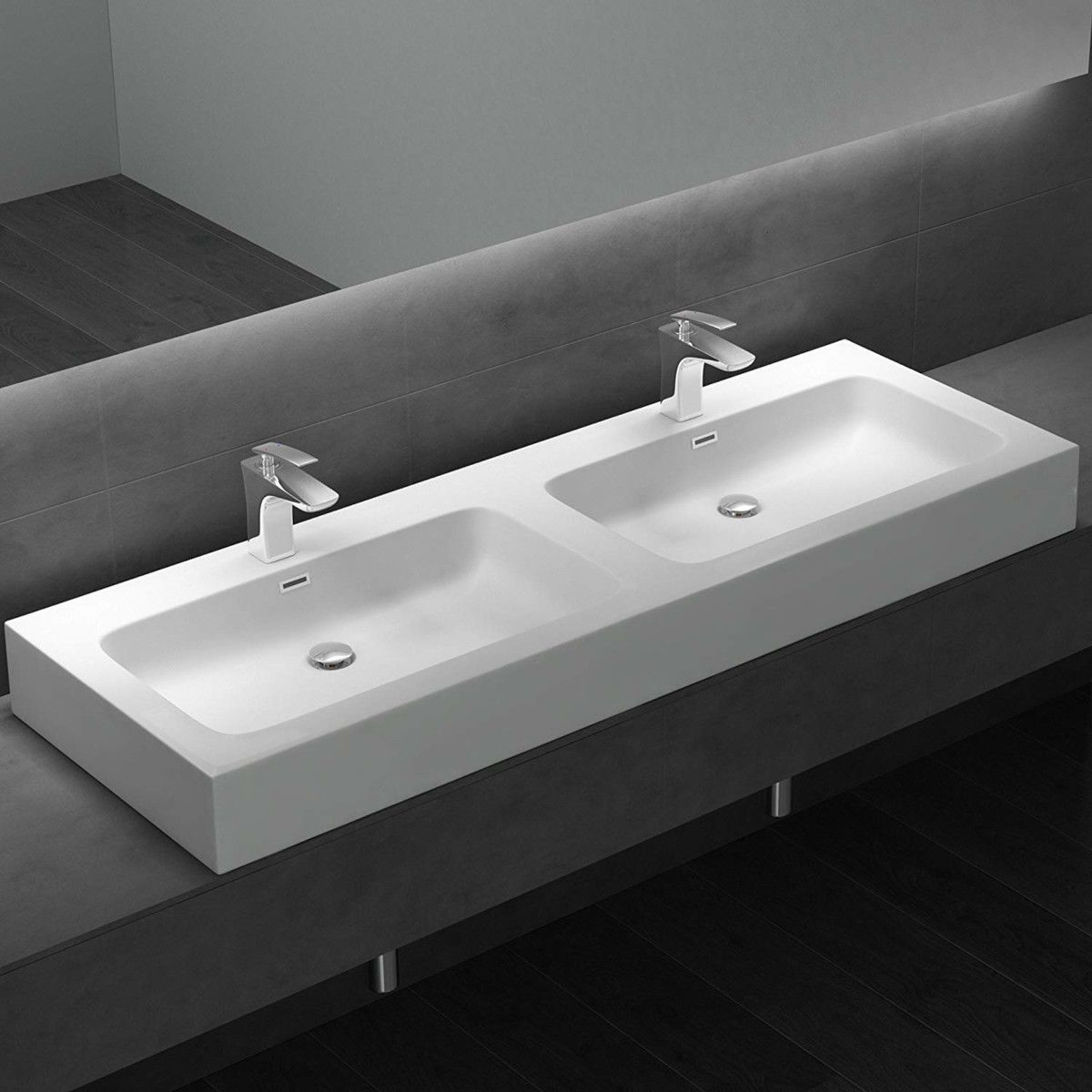 Lavoar dublu EGO-830, compozit de marmura, Alb Mat 140x48 cm, montaj pe blat