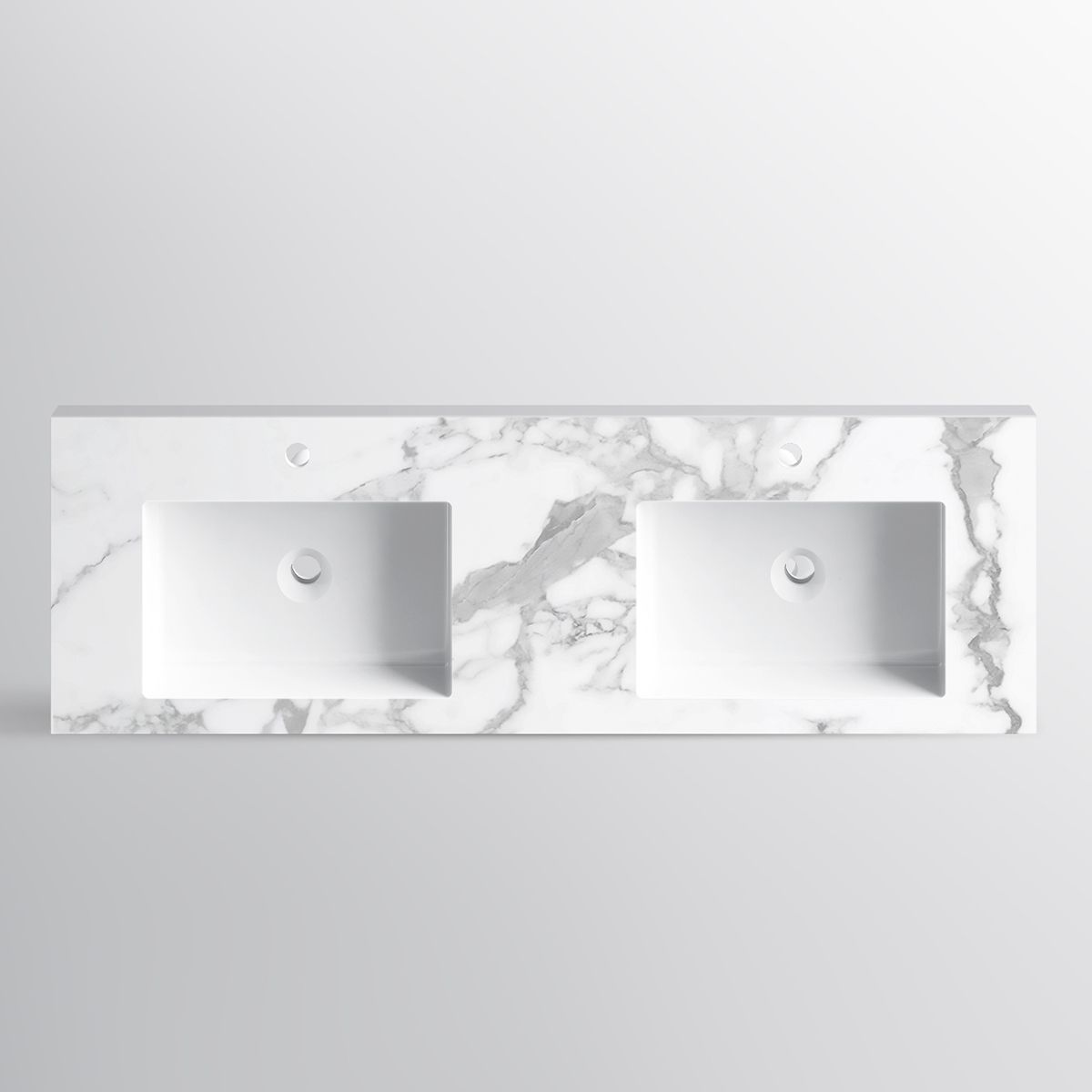 Lavoar dublu Paola, Alb finisaj Carrara Arabescato, compozit mineral, montaj semi-incastrat, cu 2 gauri de baterie, 140x45 cm