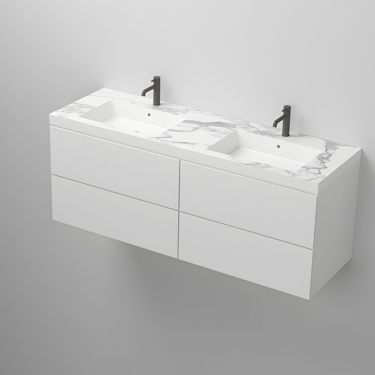 Lavoar dublu Paola, Alb finisaj Carrara Arabescato, compozit mineral, montaj semi-incastrat, cu 2 gauri de baterie, 150x46 cm