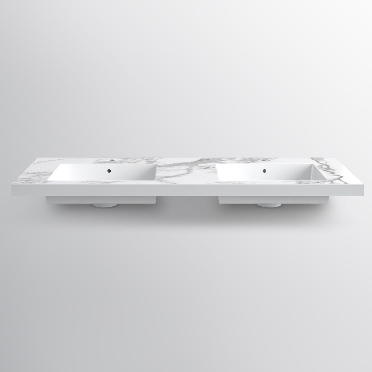 Lavoar dublu Paola, Alb finisaj Carrara Arabescato, compozit mineral, montaj semi-incastrat, cu 2 gauri de baterie, 150x46 cm