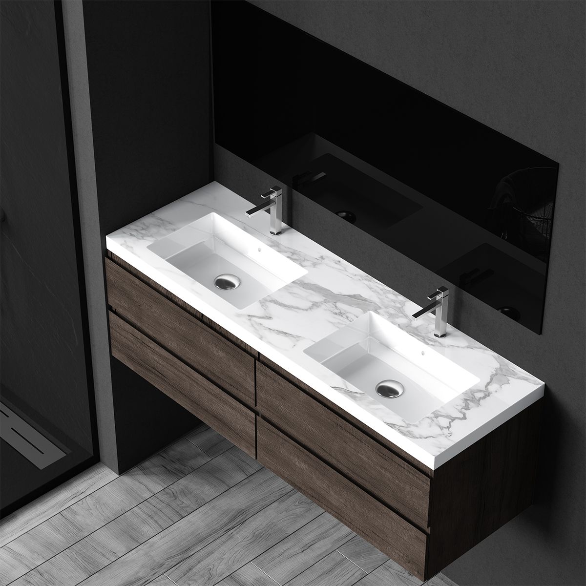 Lavoar dublu Paola, Alb finisaj Carrara Arabescato, compozit mineral, montaj semi-incastrat, cu 2 gauri de baterie, 150x46 cm