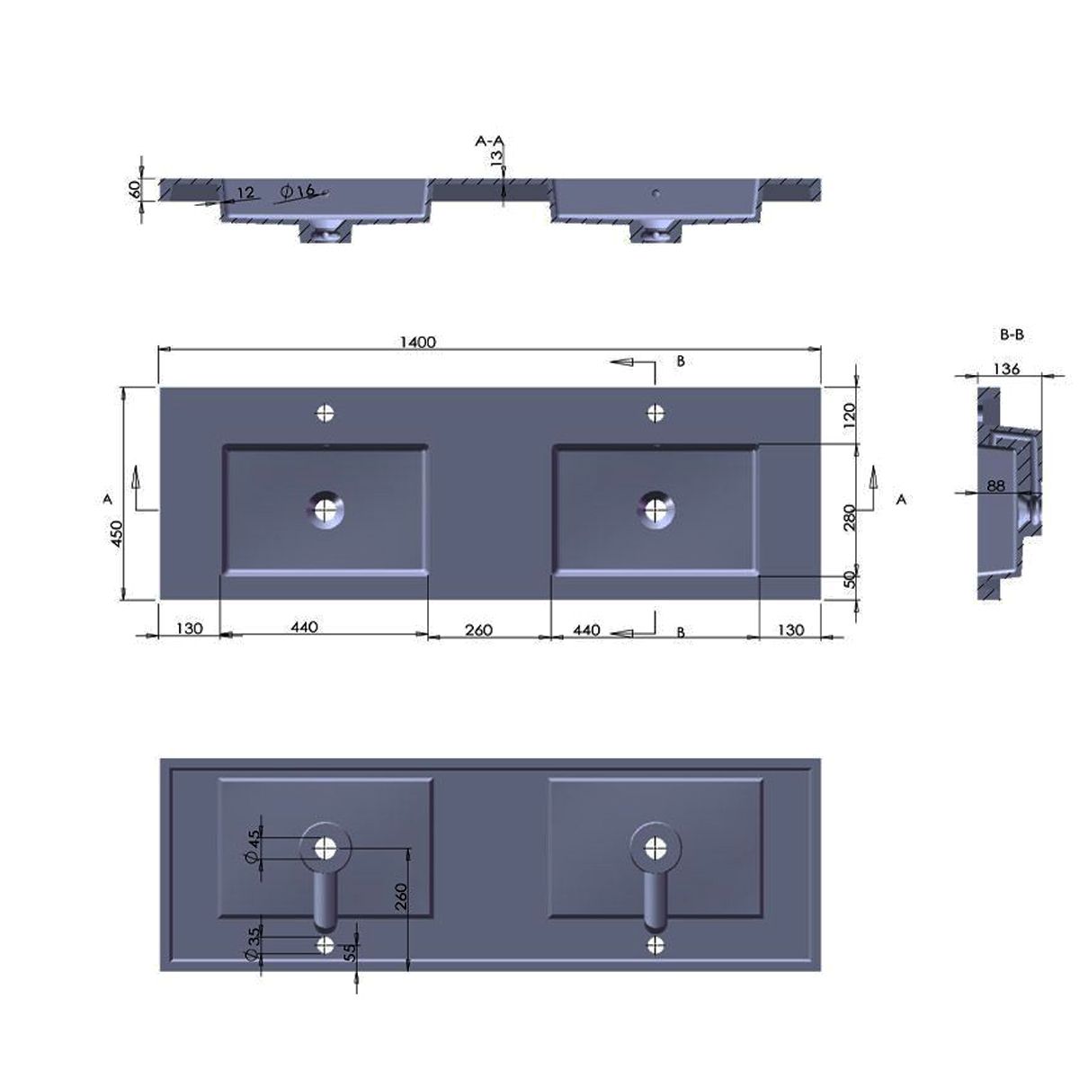 Lavoar dublu Paola, compozit mineral, montaj semi-incastrat, cu 2 gauri de baterie, 140x45 cm