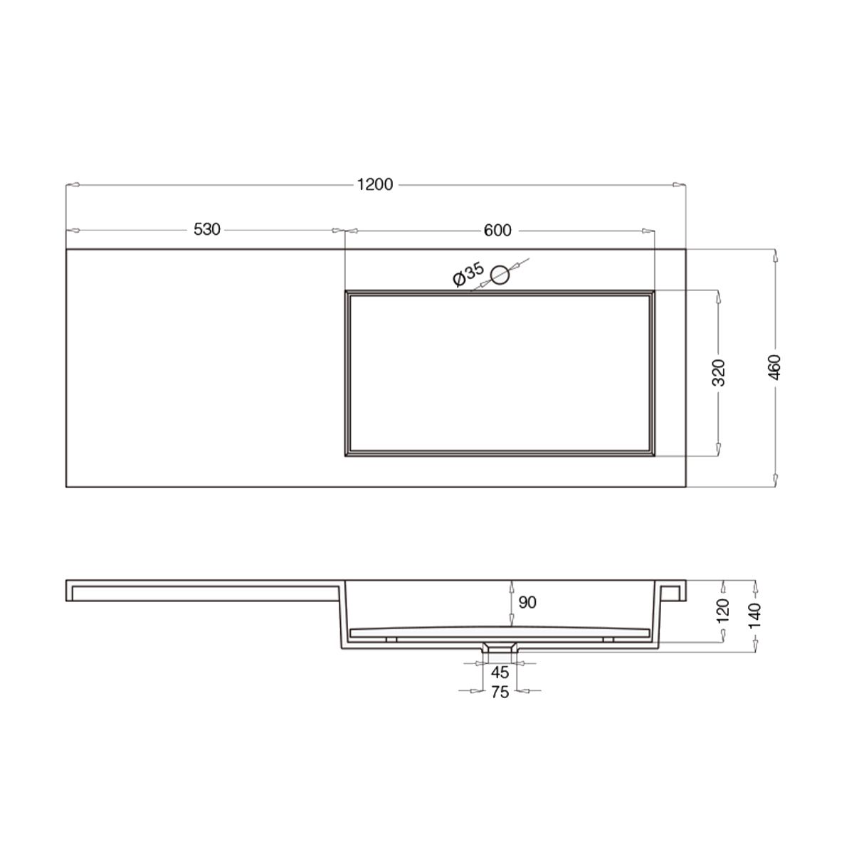 Lavoar cu scurgere ascunsa, compozit, Alb Lucios, montaj semi-incastrat pe blat, capac scurgere, 120x46 cm,  Ego-820