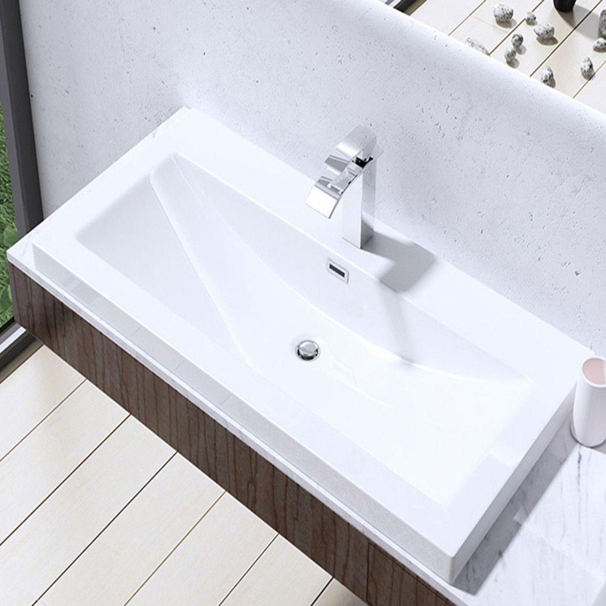 Lavoar EGO 01, Alb, lucios, dimensiune 76.5 cm, montaj semi-incastrat, compozit marmura, cu gaura baterie