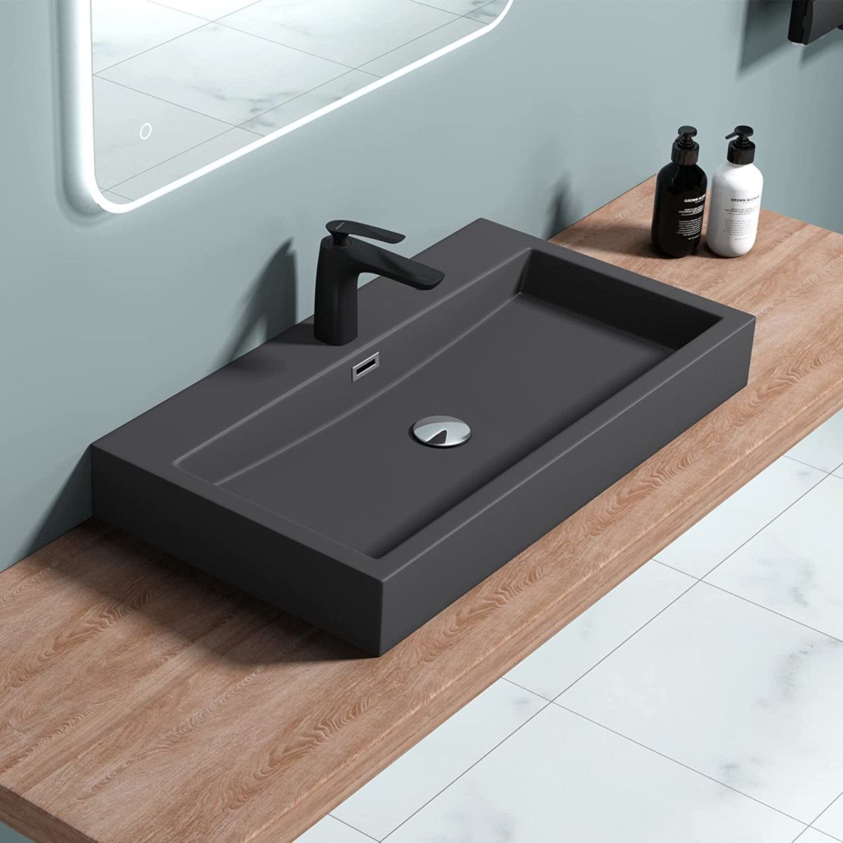 Lavoar EGO 06, Antracit mat, dimensiune: 76.5 cm, montaj pe blat sau suspendat, compozit marmura, cu gaura baterie