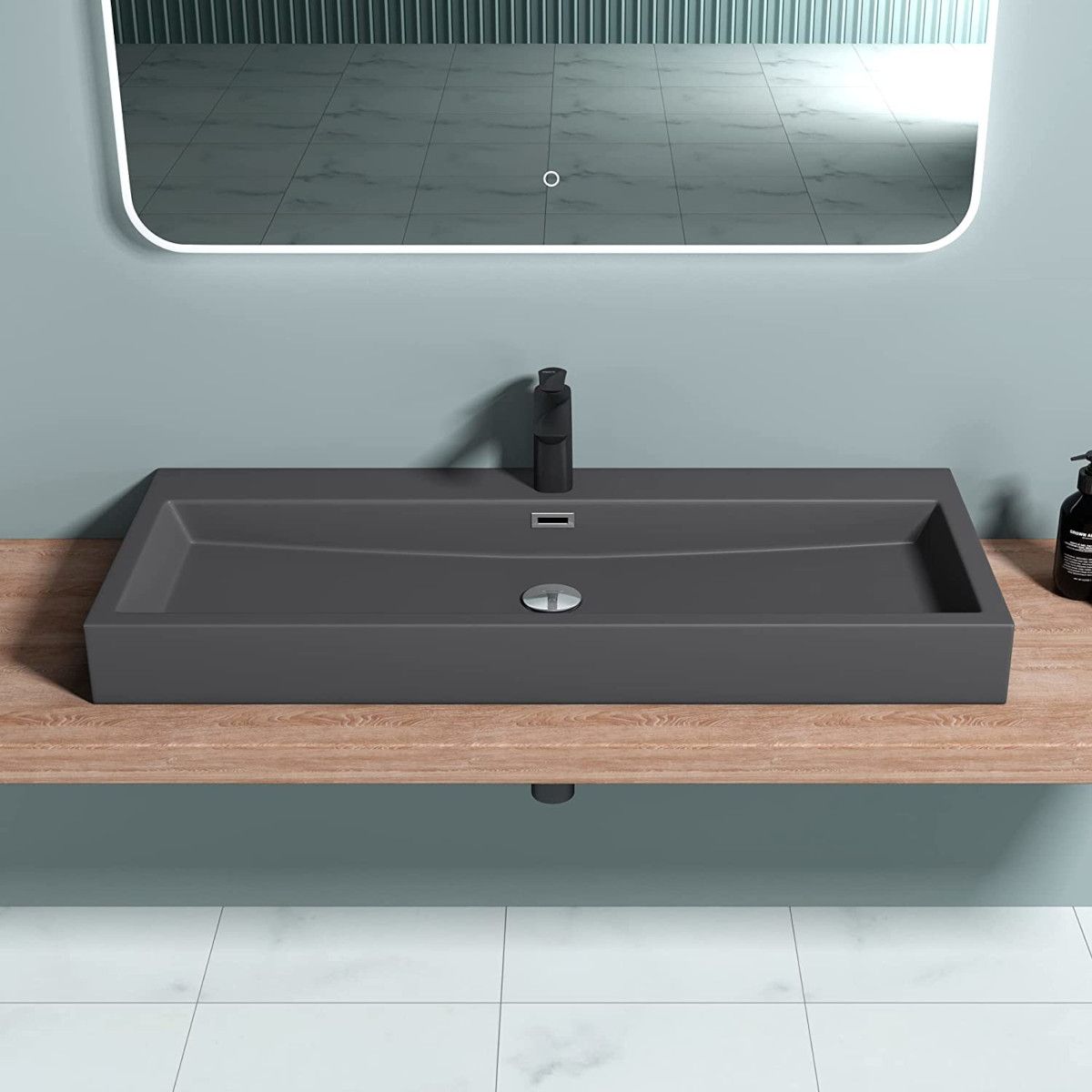 Lavoar EGO 06, Antracit mat, dimensiune: 76.5 cm, montaj pe blat sau suspendat, compozit marmura, cu gaura baterie