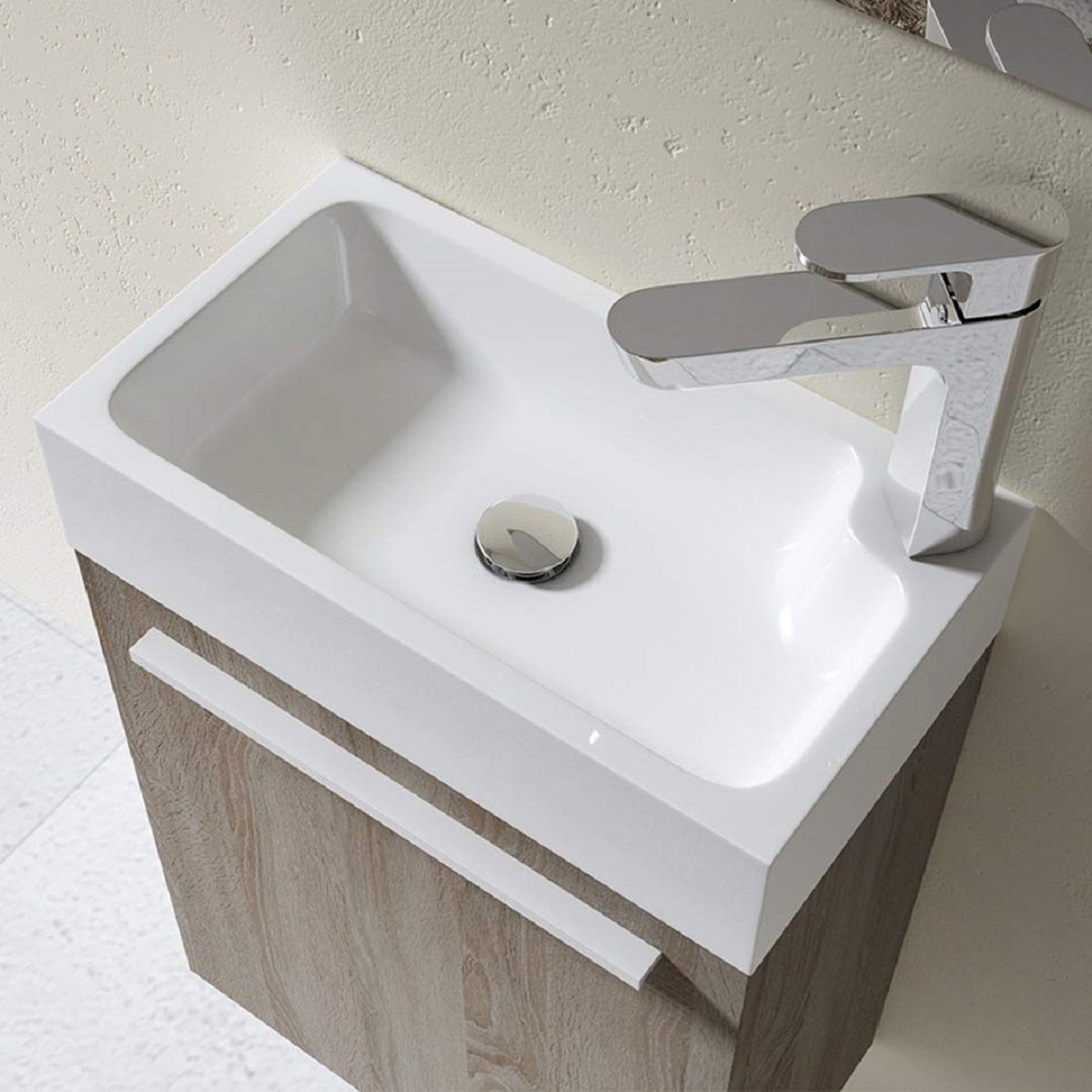 Lavoar EGO 101, Alb lucios, 46x26cm, montaj pe blat, compozit mineral, cu gaura baterie