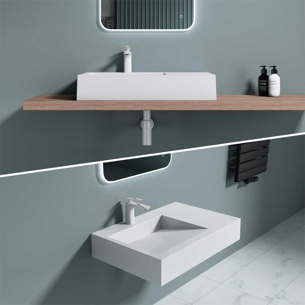 Lavoar EGO 11, Alb, lucios, 75x50 cm, compozit marmura, montaj pe blat sau suspendat, scurgere ascunsa, cu gaura baterie