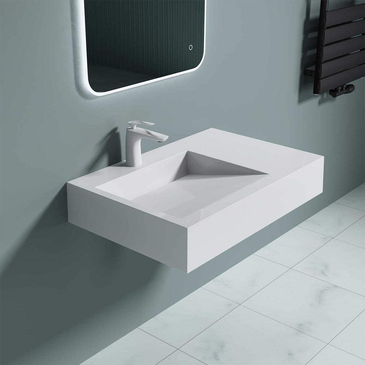 Lavoar EGO 11, Alb, lucios, 75x50 cm, compozit marmura, montaj pe blat sau suspendat, scurgere ascunsa, cu gaura baterie