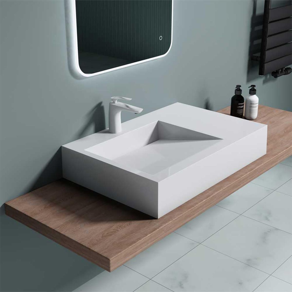 Lavoar EGO 11, Alb, lucios, 75x50 cm, compozit marmura, montaj pe blat sau suspendat, scurgere ascunsa, cu gaura baterie