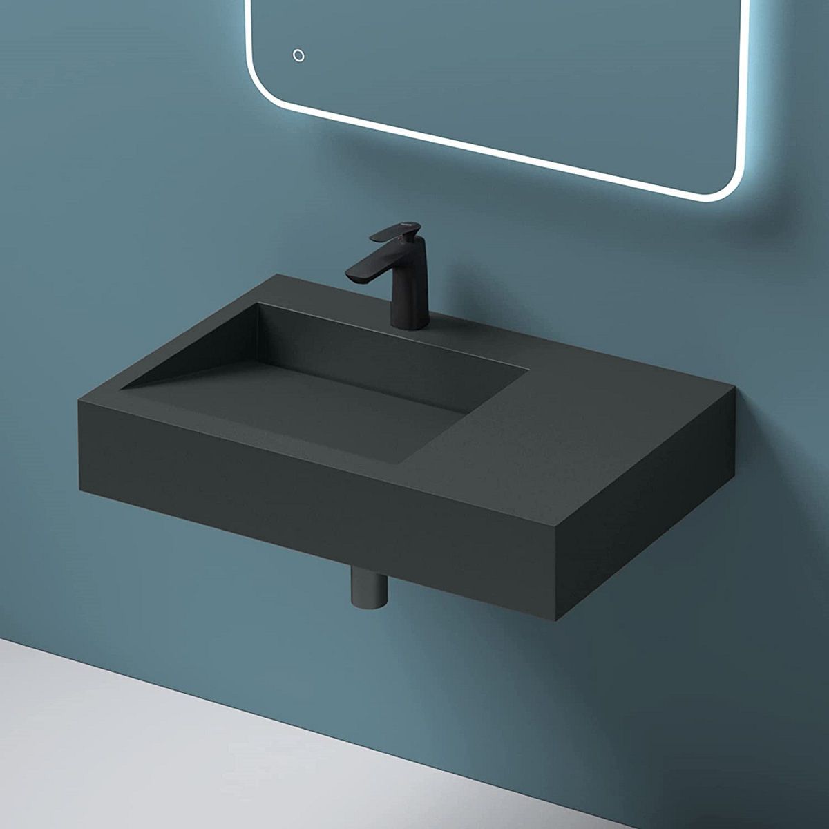 Lavoar EGO 11, Antracit Mat, 75x50 cm, compozit marmura, montaj pe blat sau suspendat, scurgere ascunsa, cu gaura baterie