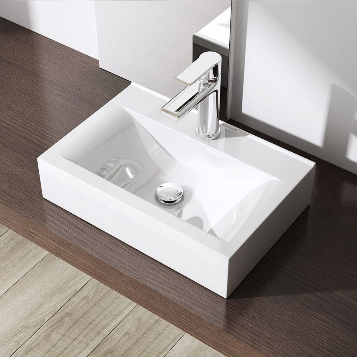 Lavoar EGO 118, Alb, lucios, 45.5  cm, montaj pe blat sau supendat, ceramica sanitara, cu gaura baterie