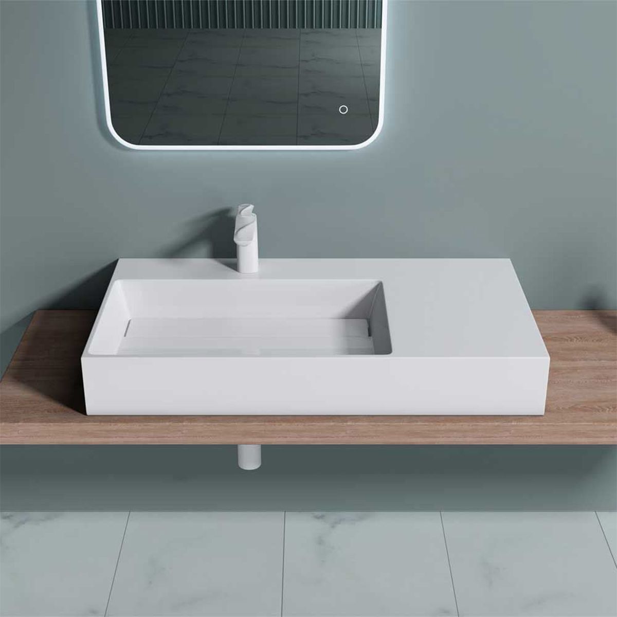 Lavoar EGO 12 L, Alb, 90x48 cm, compozit marmura, montaj pe blat sau suspendat, scurgere mascata, gaura baterie pe stanga