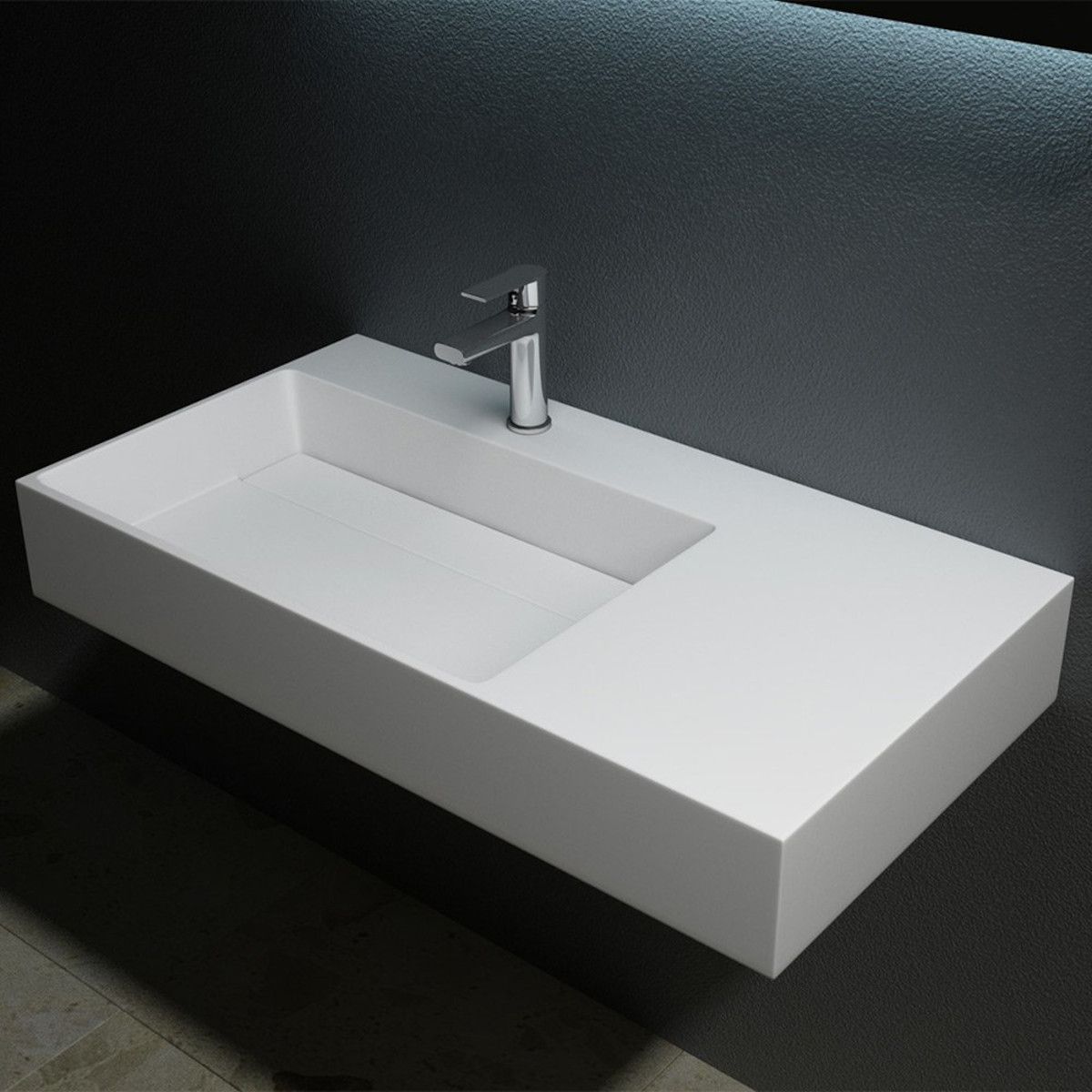 Lavoar EGO 12 L, Alb, 90x48 cm, compozit marmura, montaj pe blat sau suspendat, scurgere mascata, gaura baterie pe stanga