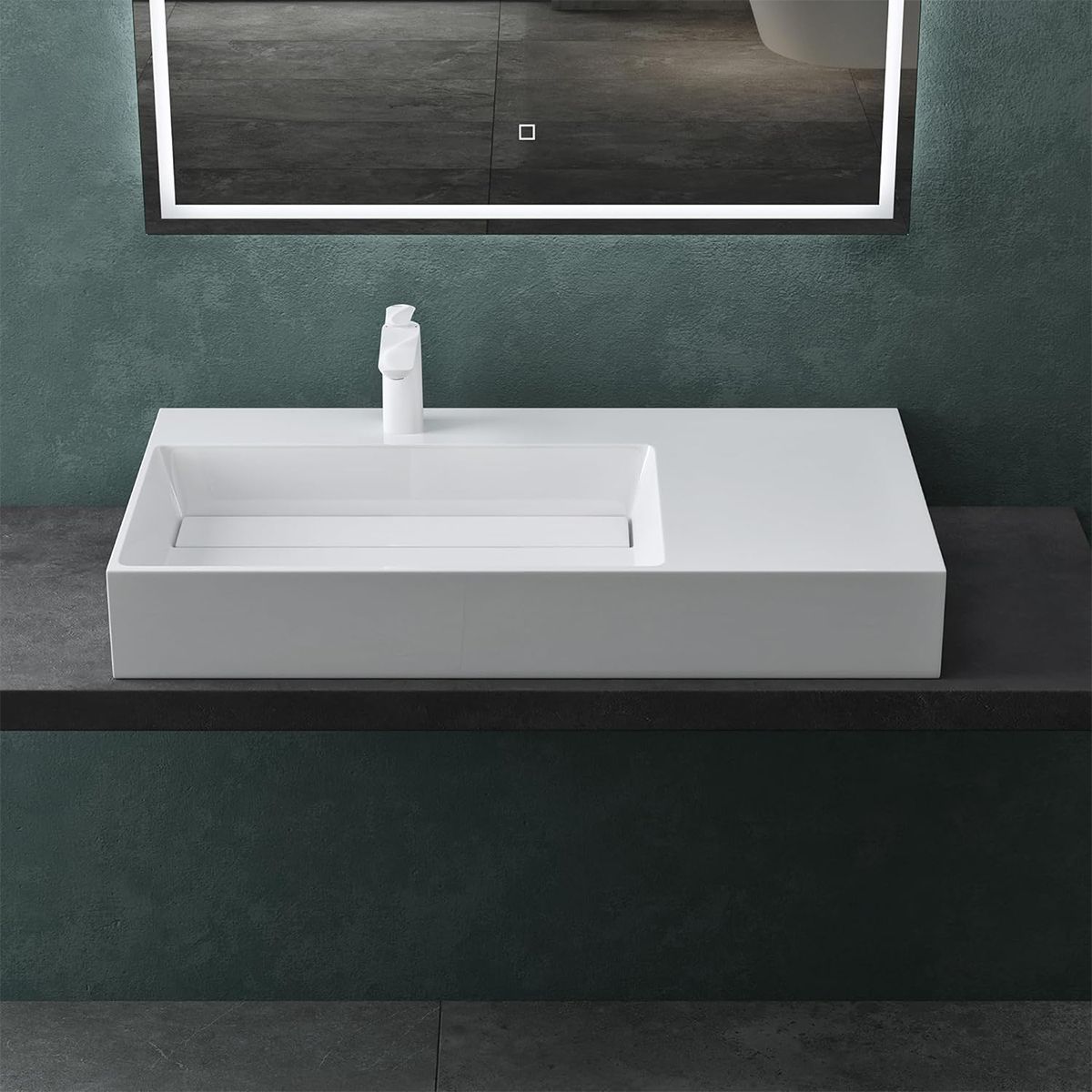 Lavoar EGO 12 L, Alb, 90x48 cm, compozit marmura, montaj pe blat sau suspendat, scurgere mascata, gaura baterie pe stanga