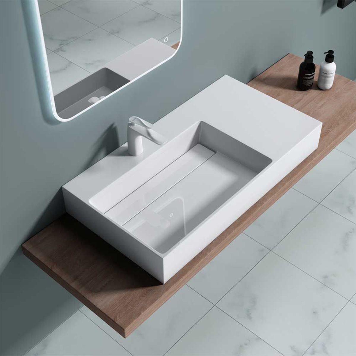 Lavoar EGO 12 L, Alb, 90x48 cm, compozit marmura, montaj pe blat sau suspendat, scurgere mascata, gaura baterie pe stanga
