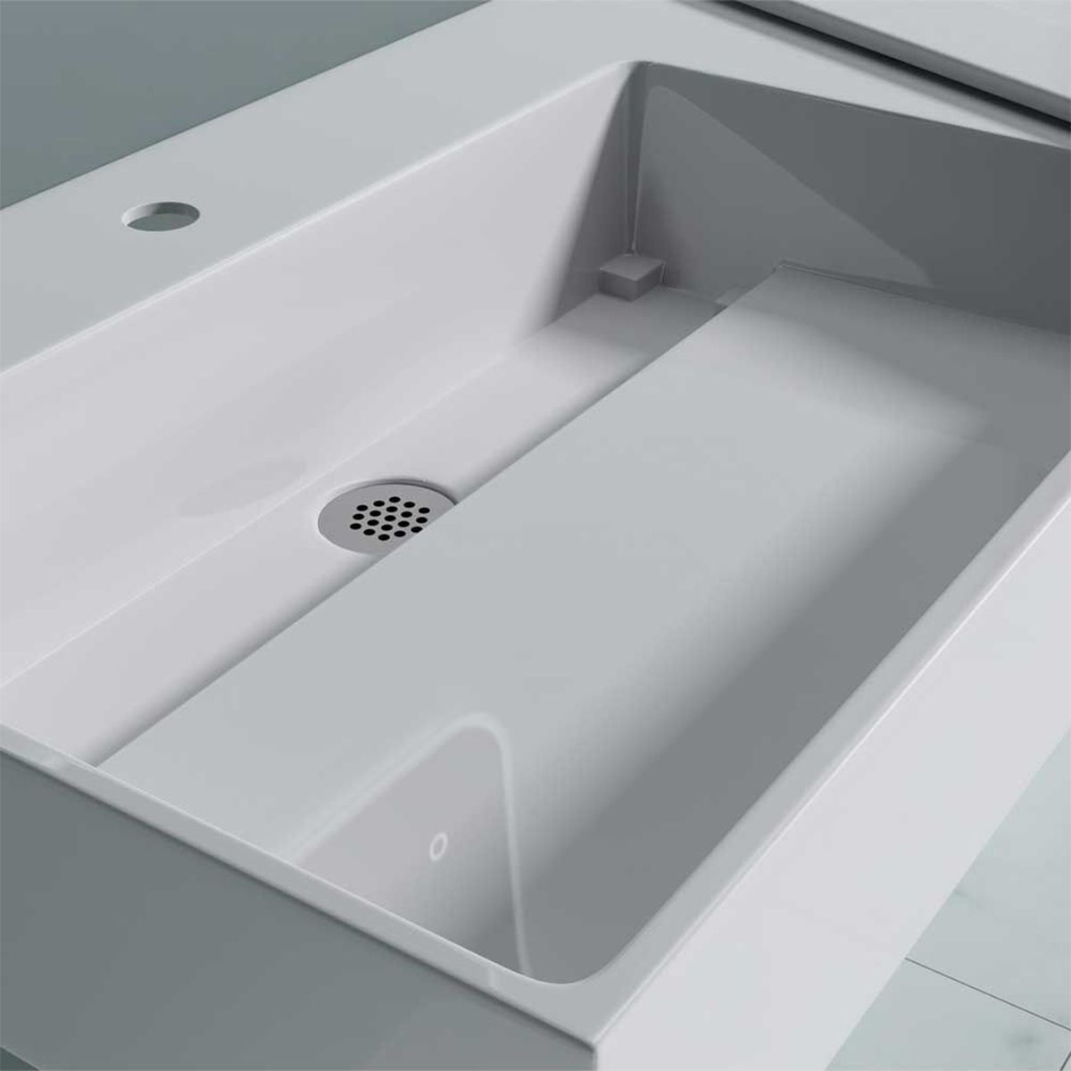 Lavoar EGO 12 L, Alb, 90x48 cm, compozit marmura, montaj pe blat sau suspendat, scurgere mascata, gaura baterie pe stanga