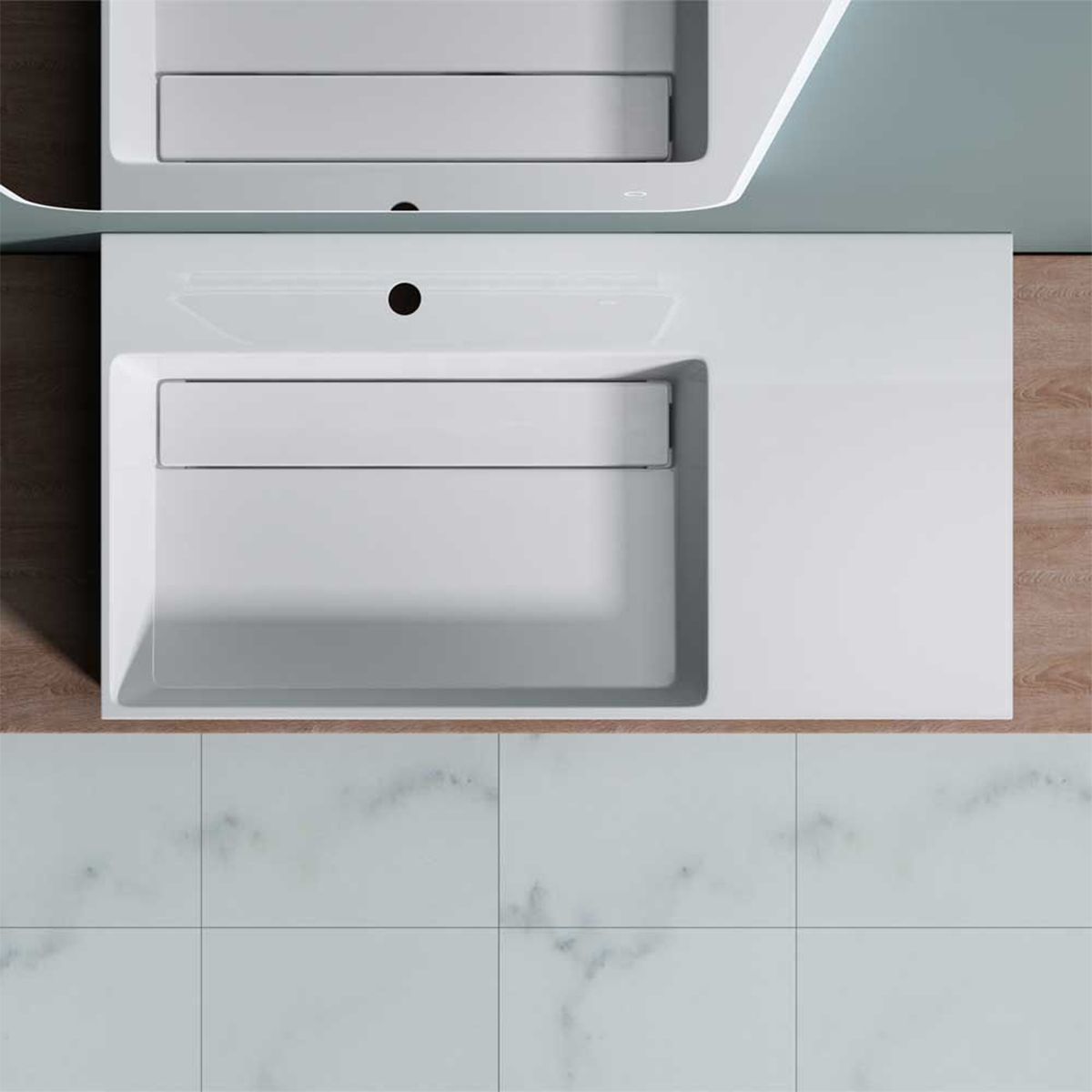 Lavoar EGO 12 L, Alb, 90x48 cm, compozit marmura, montaj pe blat sau suspendat, scurgere mascata, gaura baterie pe stanga