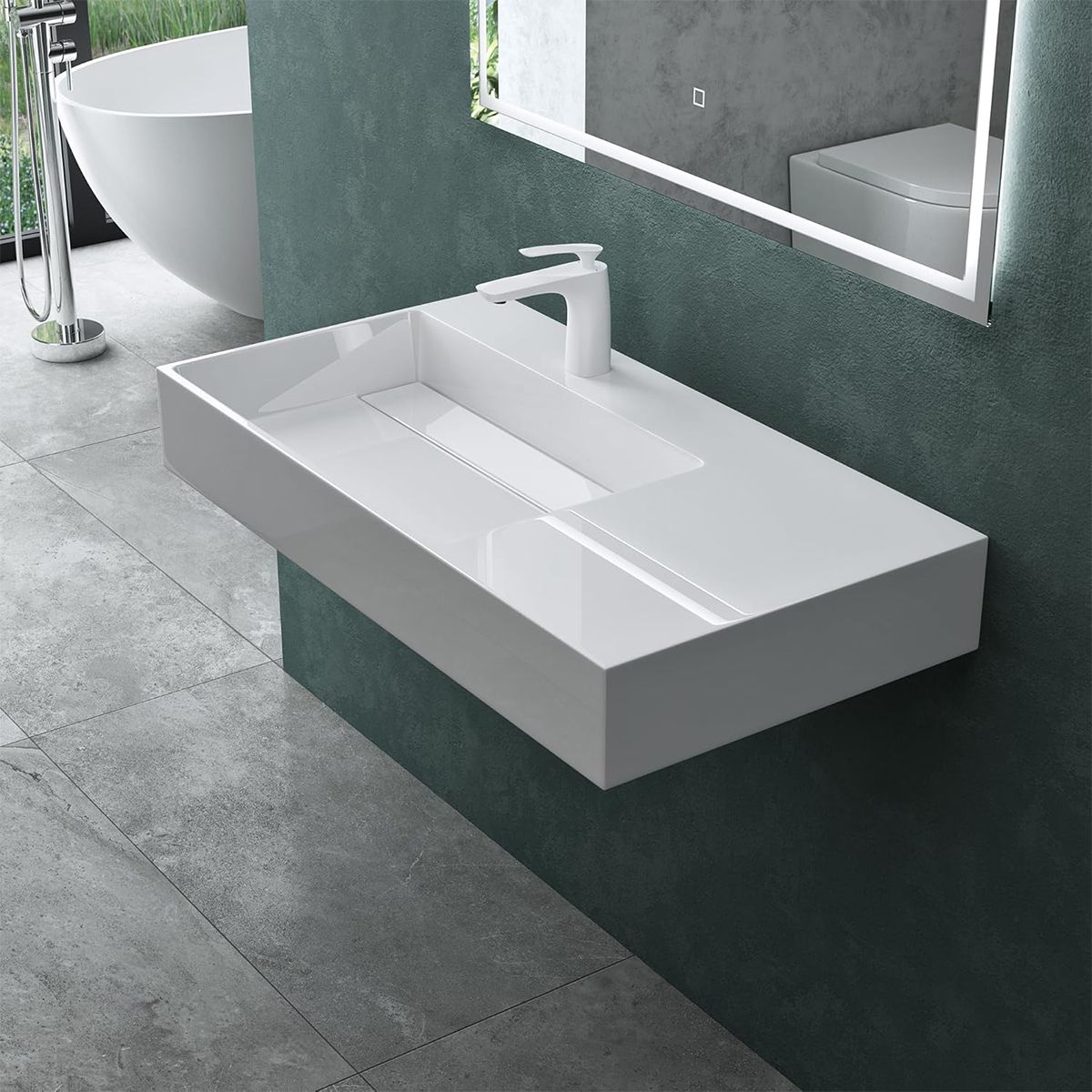 Lavoar EGO 12 L, Alb, 90x48 cm, compozit marmura, montaj pe blat sau suspendat, scurgere mascata, gaura baterie pe stanga